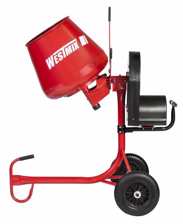 Westmix 2.2 cu. ft. Electric Mixer (65 lt) steel bowl, single belt driven electric cement mixer with 14” flat free wheels, adjustable motor mount and bearing arm.